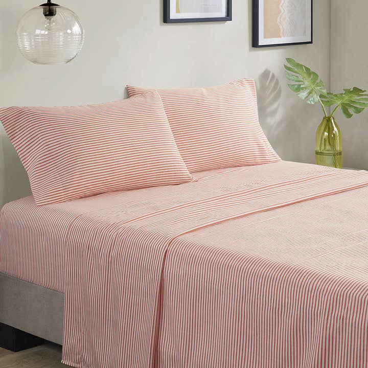 Olliix - Wholesale Bedding Set - Stripe Modern Comforter Set with Bed Sheets, Coral/Grey9