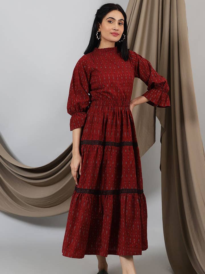 Ikat Red Cotton Maxi Dress for wholesale by INDOPHILIA