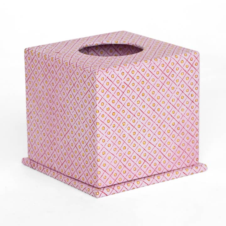 BLOCK PRINTED TISSUE BOX - DOT & GRID PINK YELLOW for wholesale by Craft Boat