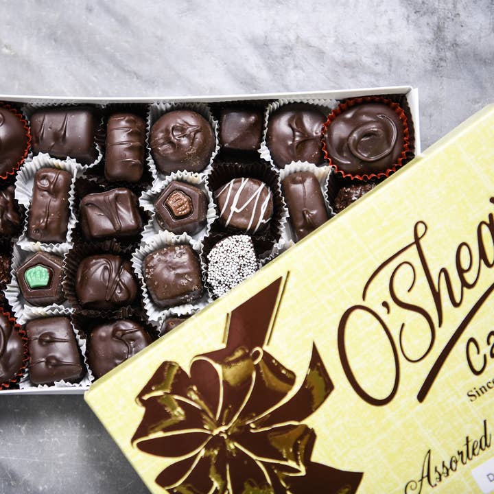 1LB Deluxe Dark Chocolate Lovers Assortment Gift Box for wholesale by O'Shea's Candies Sweet Shop