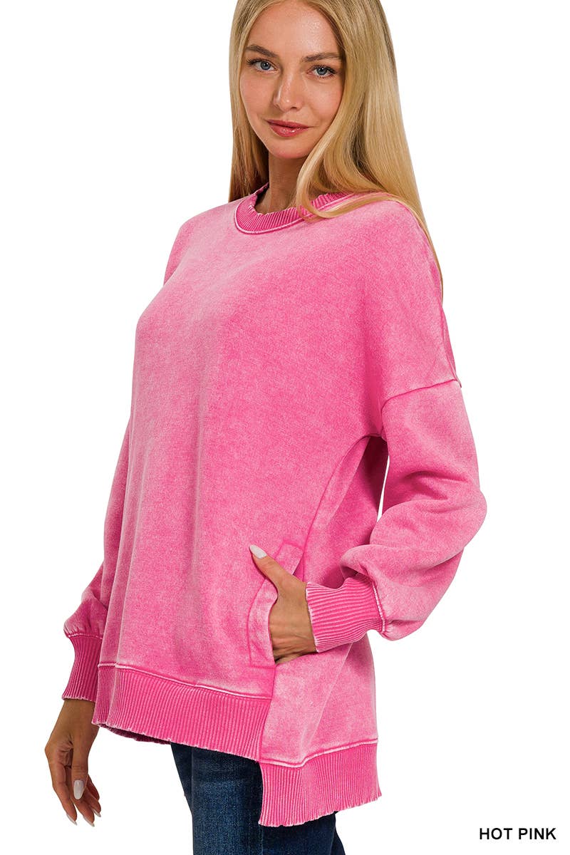 42POPS – Sweatshirt - Mulher por atacado – Pulôver de Fleece com Lavagem Ácida e Bainha Assimétrica com Bolsos SI-2498011