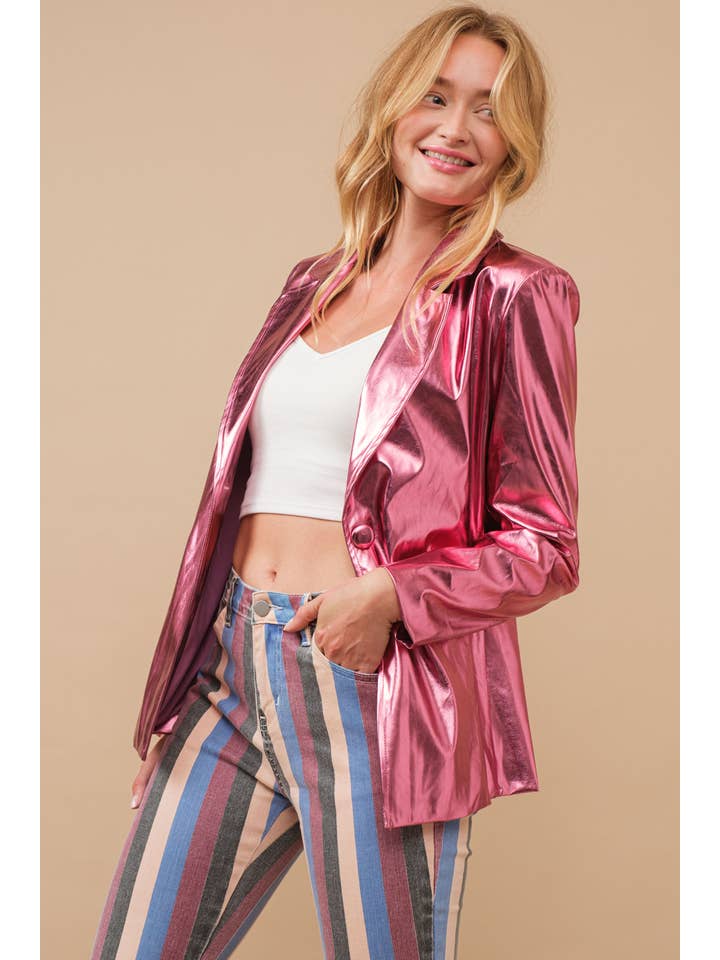 Blue B - Wholesale Blazer - Women's - 61245J - Metallic Pu Loose Single Blazer Jacket3