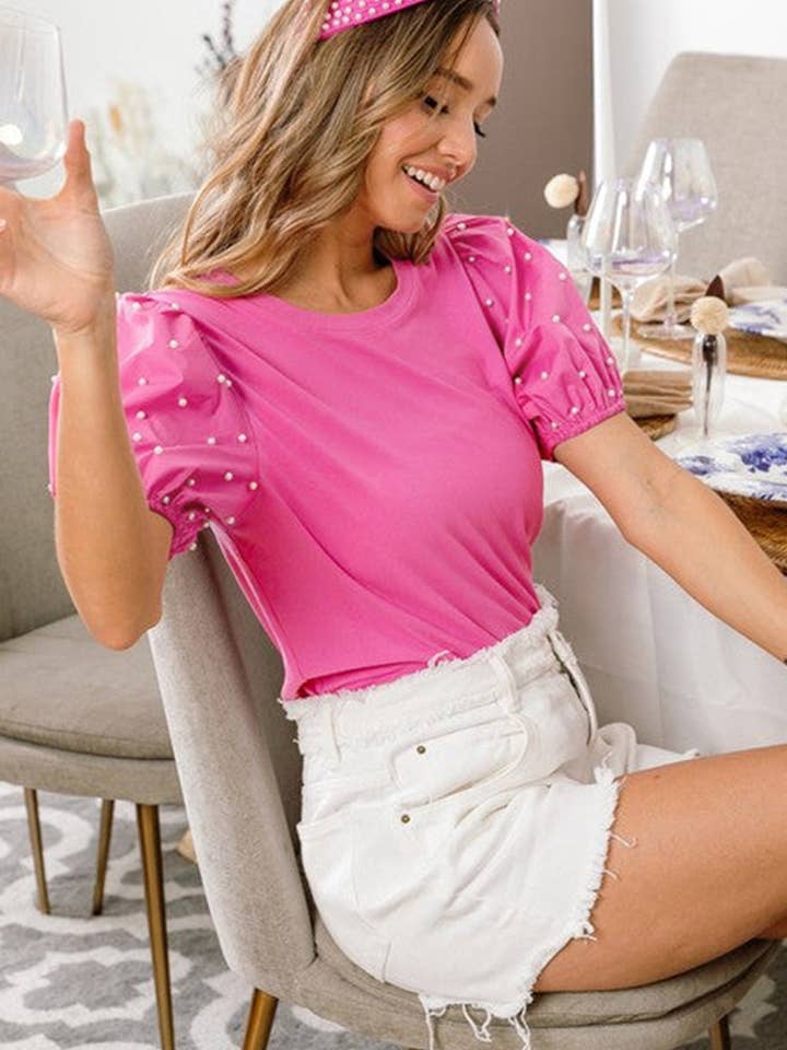Bright Pink Ribbed Pearl Beaded Puff Sleeve Top for wholesale on Faire3