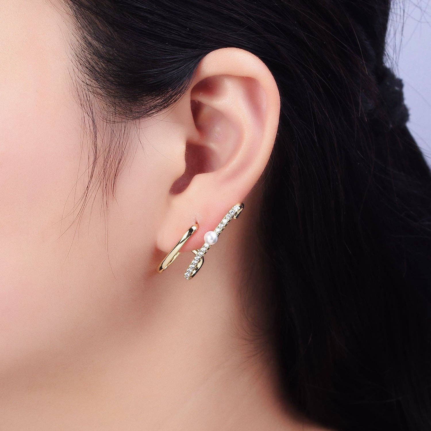 Aim Eternal - Wholesale Hoop Earrings - 14K Gold Filled Double Claw Bar CZ Pearl Stud Earrings1