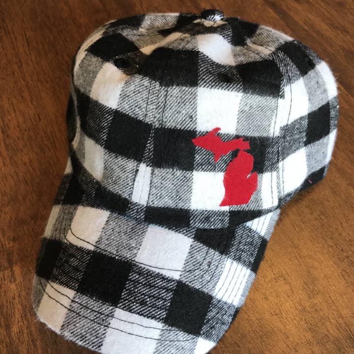 Simply Stated - Wholesale Baseball Cap - Women's - Hat // Michigan ~ White Plaid Flannel Hat + Red Felt MICHIGAN3
