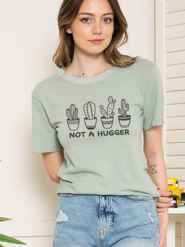 WASHED GARMENT TOP WITH NOT A HUGGER PRINT for wholesale by Burgundy Apparel