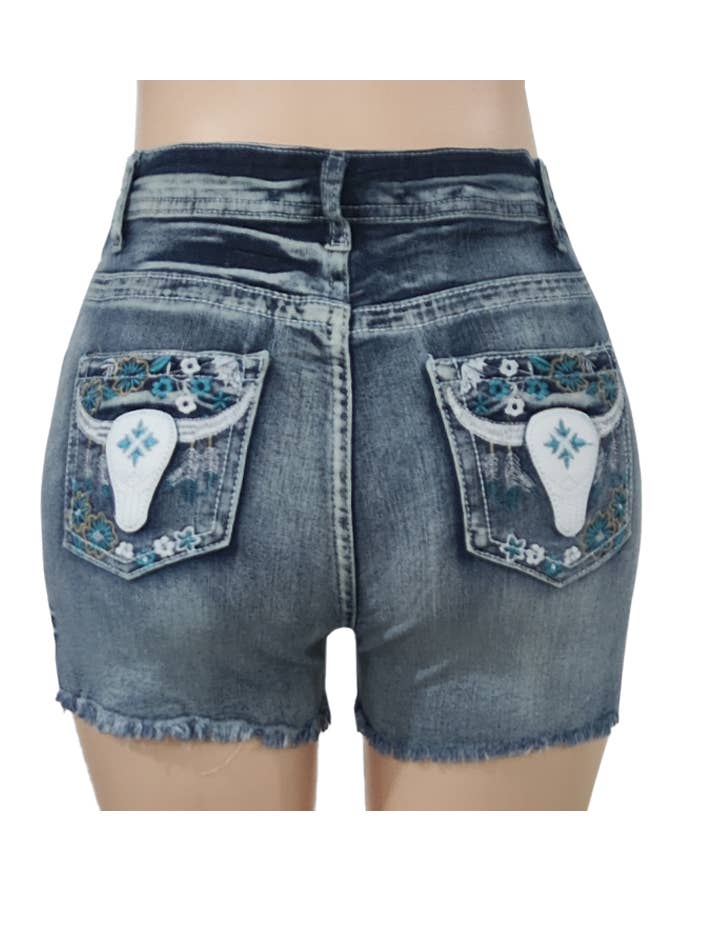 Blue Vintage Embroidered Raw-Edged Denim Shorts for wholesale on Faire
