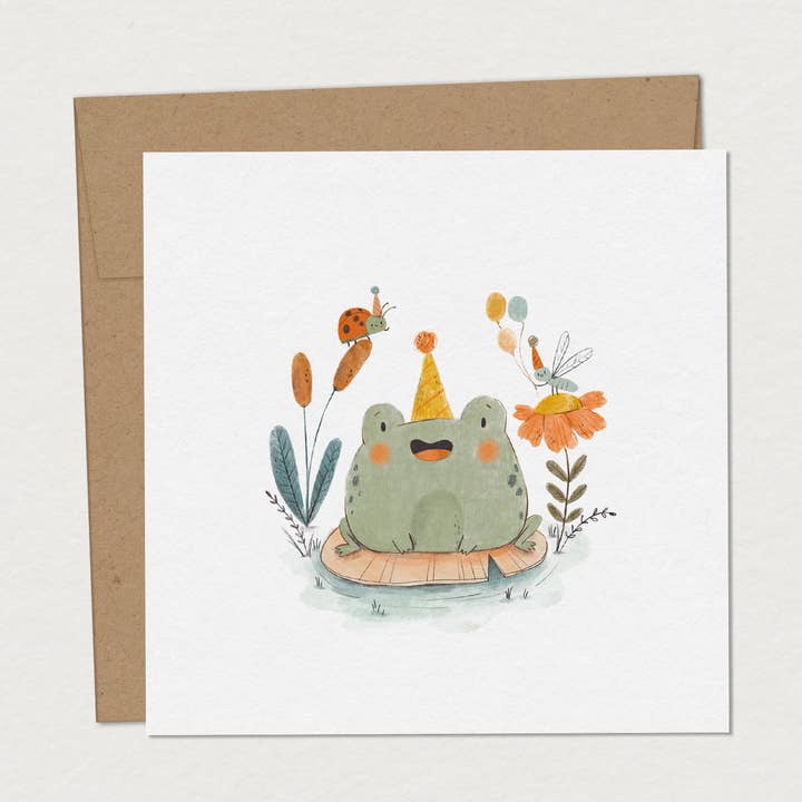 Kinderwenskaart - Feestelijke kikker voor wholesale door Mimosa Design