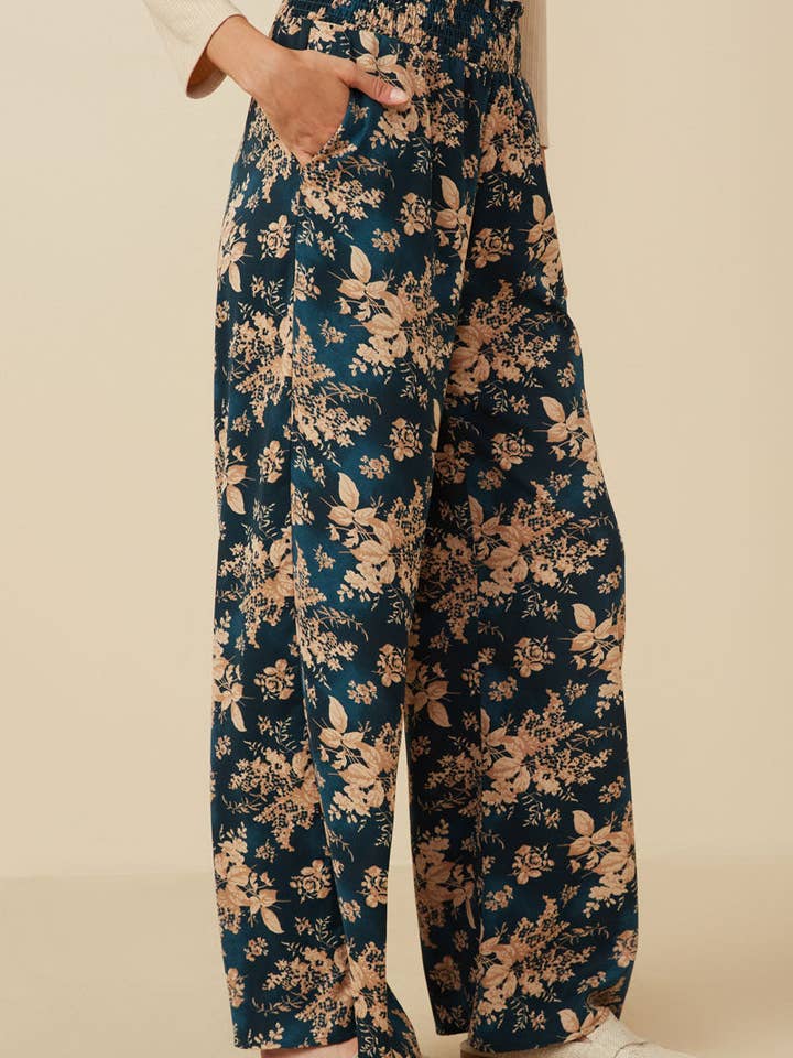 Teal Womens Antique Floral Smocked Waist Wide Leg Pants for wholesale on Faire3