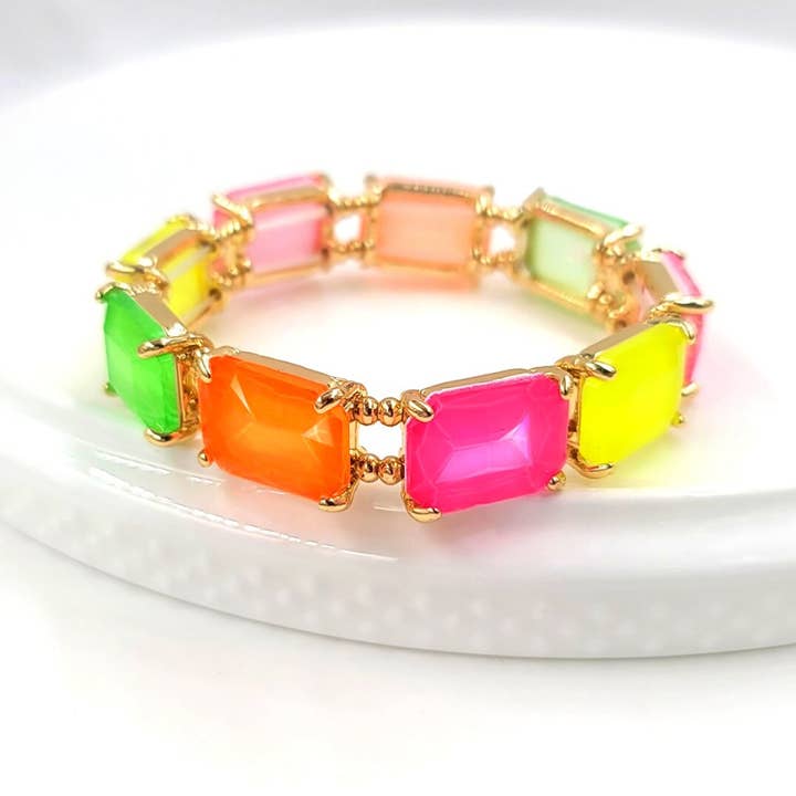 Rectangular Glass Crystal Linked Stretch Bracelet for wholesale by StarryNYC