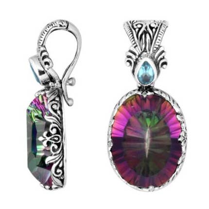 AP-8027-MT Pendente Oval em Prata Esterlina com Quartzo Místico e Quartzo Topázio Azul com Moldura Tradicional Balinesa Entalhada e Artesanato Artístico Refinado Decorativo por atacado de Bali Designs