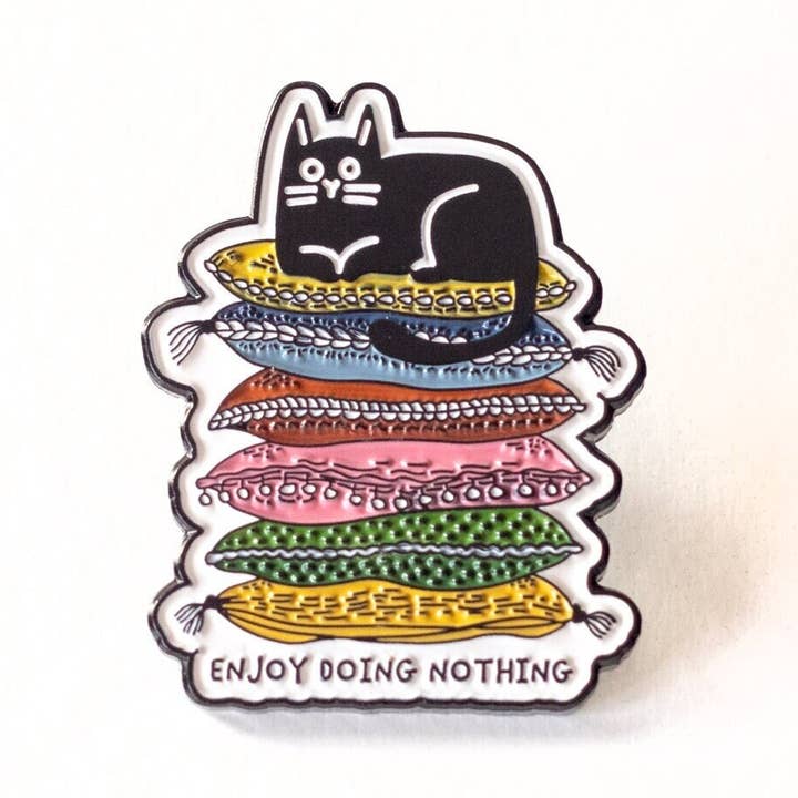 Funny Lazy Cat Enamel Pin for wholesale by RippleSplash Studio