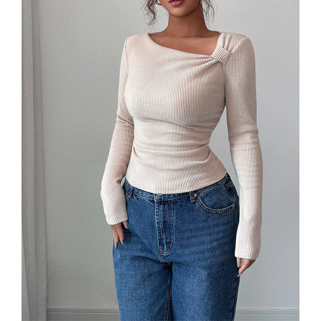 Apricot Elegant Slim Fit Solid Color Stretch Knit Top ZK3722 for wholesale on Faire2