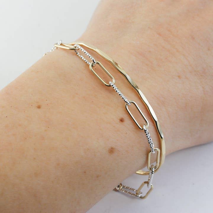 Chunky Paperclip kædearmbånd i guld og sølv - blandede metaller charmearmbånd med gnistrende facettering for engroshandel hos Lotus Stone Jewelry