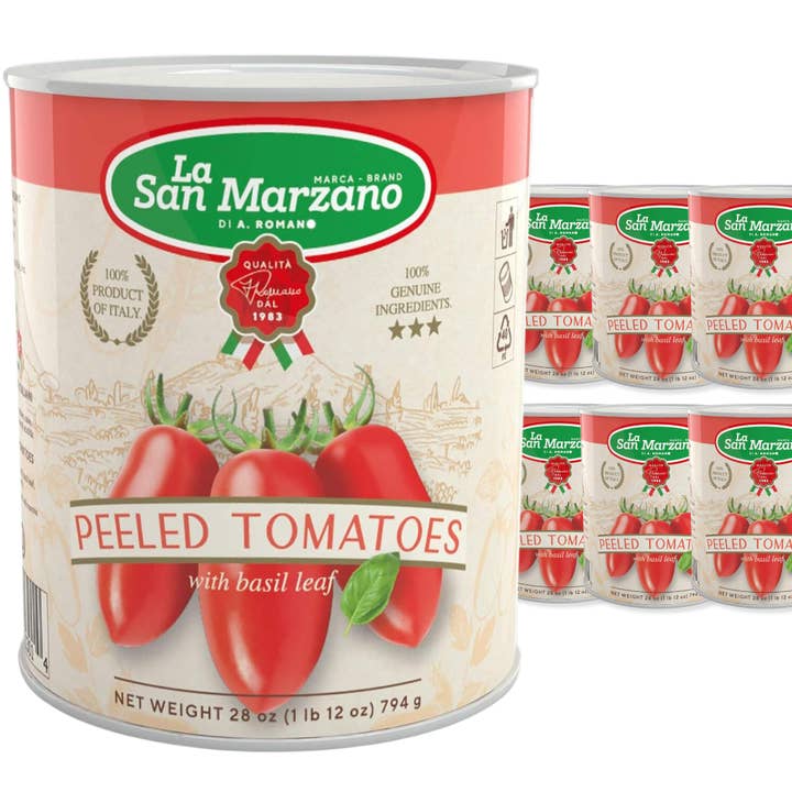 Wholesale Italian Food - Wholesale Pasta Sauce - La San Marzano, Italian Whole Peeled Tomatoes in Puree with Basil 6 x 28oz can