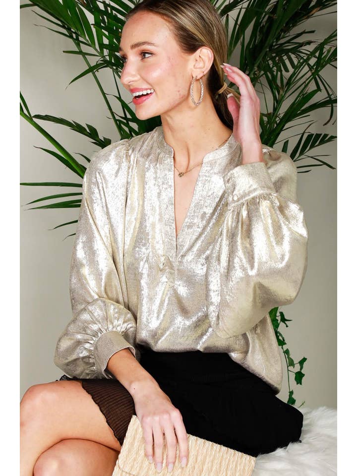 Vine & Love - Wholesale Blouse – Women’s - Henley Neck Long Balloon Sleeve Metallic Blouse Top VT81244F13