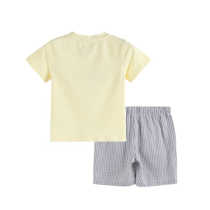 Lil Cactus - Wholesale Top & Short Set - Kids - Green Tractor Smocked T-Shirt and Gray Gingham Shorts Set