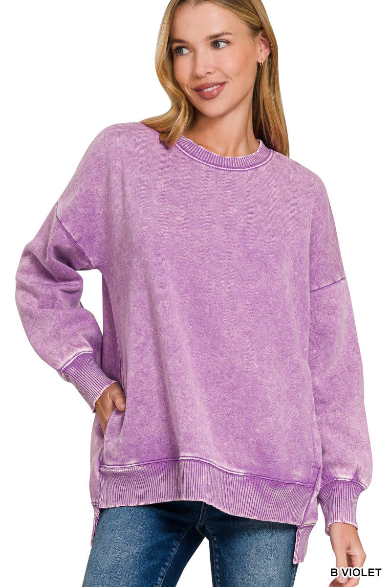 42POPS – Sweatshirt - Mulher por atacado – Pulôver de Fleece com Lavagem Ácida e Bainha Assimétrica com Bolsos SI-249804