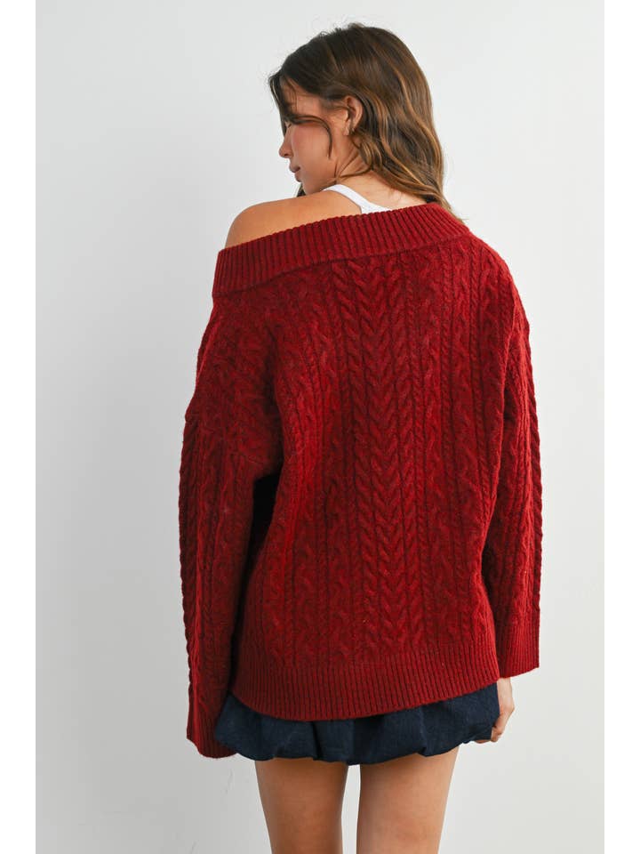 BUTTERMELON - Wholesale Knit Sweater - Women's - V-Neck Cable-Knit Long Sleeve Top - BMW787223