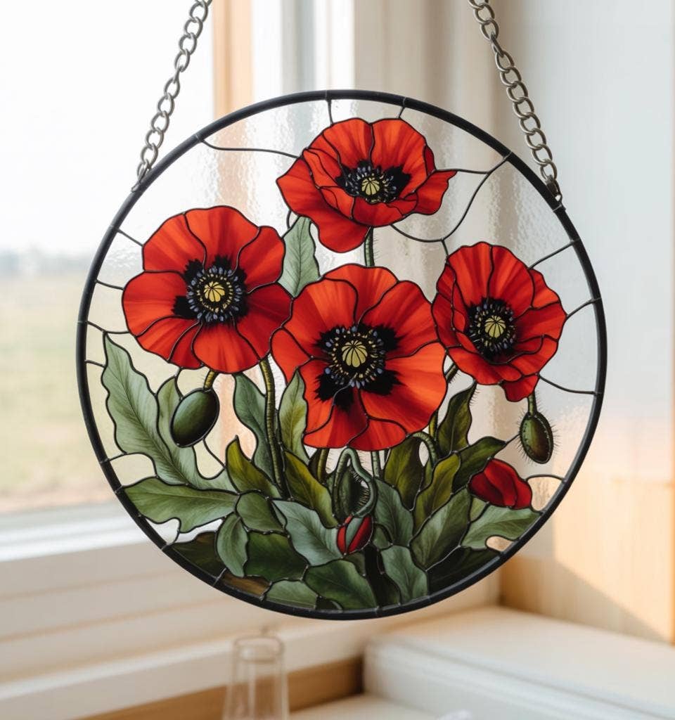 NVC Ecommerce LLC - Wholesale Suncatcher - Stained Glass Poppy Flowers Suncatcher, Florist Home Decor 0