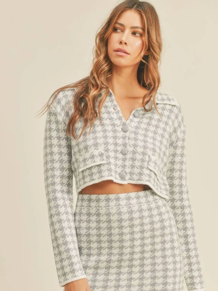 Conjunto de Cardigan de Malha Cropped e Mini Saia Houndstooth MABLE por atacado de Garden Naked