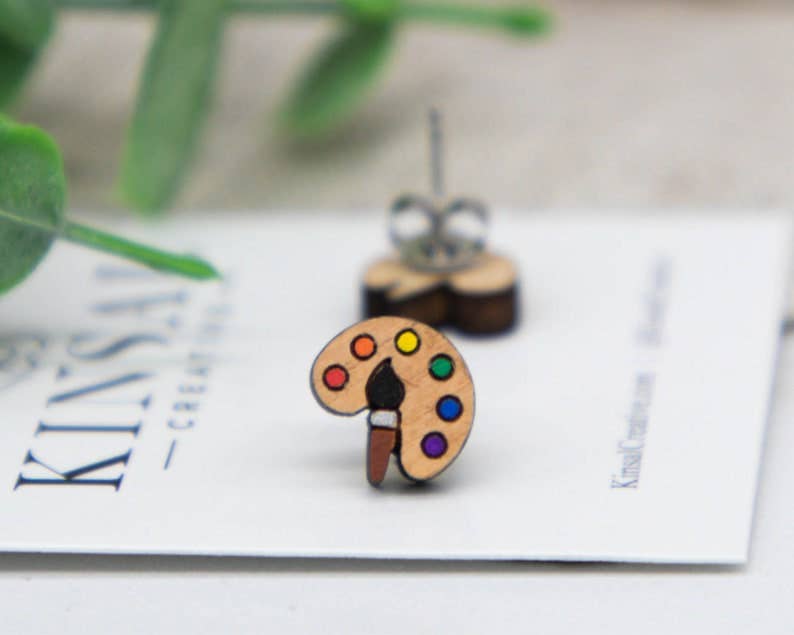 Kinsal Creative - Wholesale Stud/Post Earrings - Art Palette Wood Stud Earrings1