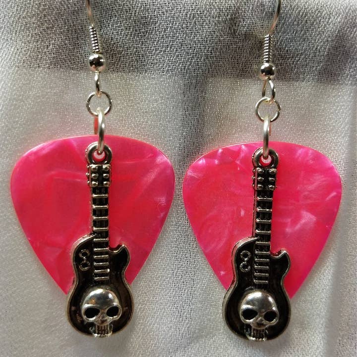 Simply Raevyn - Wholesale Dangle Earrings - Guitar with Skull Charms Guitar Pick Earrings12