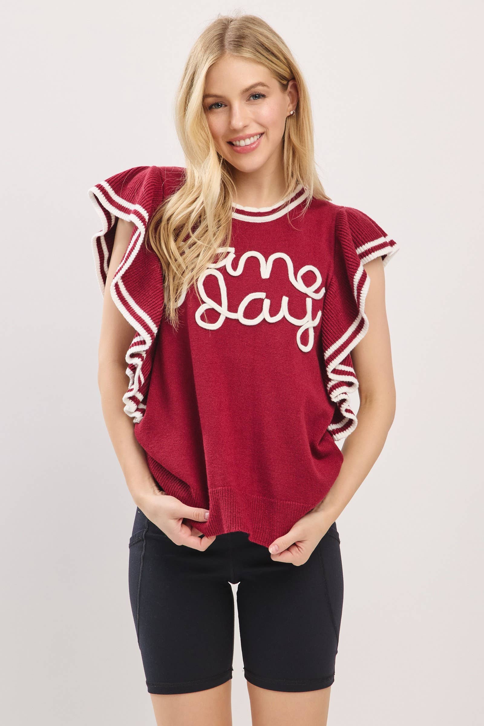 Sewn and Seen - Vente Haut en maille – femme - Haut en maille de jour de match à manches volantées style universitaire26