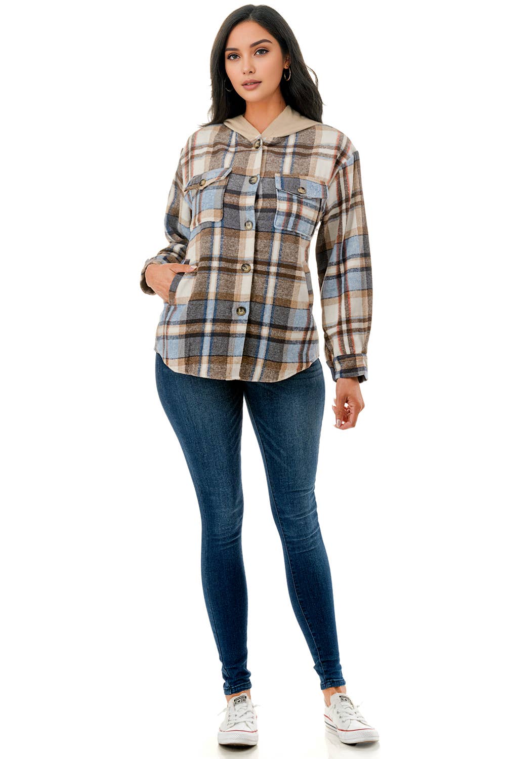 Color 5 - Vente Veste-chemise – femme - Veste en flanelle à carreaux bleu-blanc avec capuche et poches10