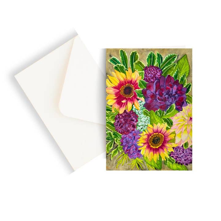 Biglietto di Auguri Acquerello Girasole Dalia Notti d'Autunno per la vendita all'ingrosso da parte di Chloe Marie Hourdequin Designs