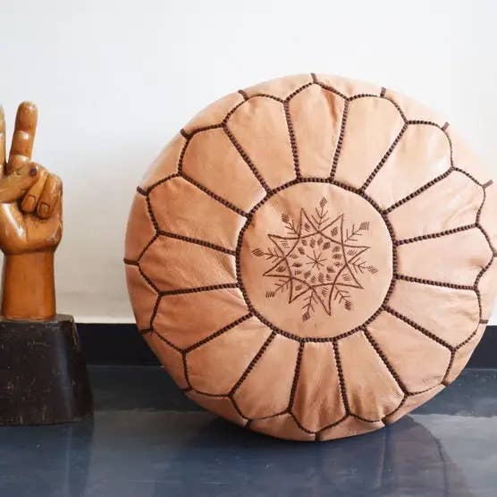 Moroccan Unstuffed Ottoman leather pouf/beige for wholesale by Terracotta Design LTD