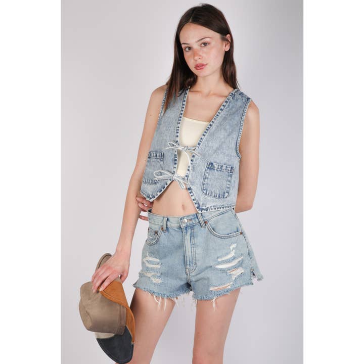 Very Jean Acid Washed Denim Front Tie Vest for wholesale by IVE