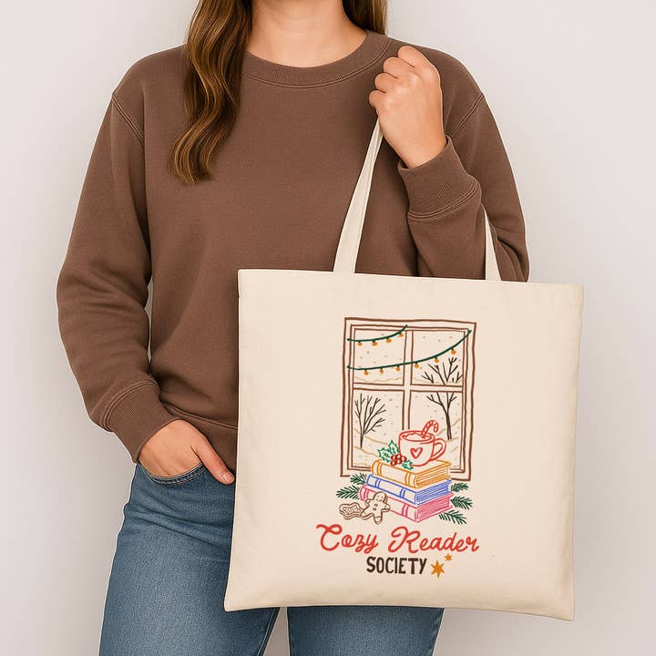 Christmas Cozy Reader Canvas Tote Bag for wholesale by DaisyChainDesignCo