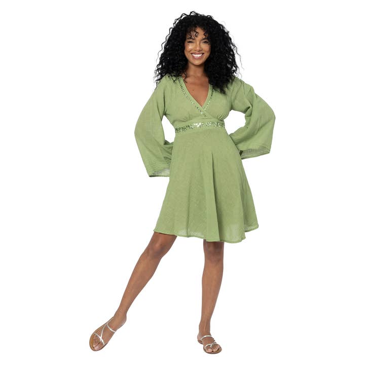 SHORT LONG SLEEVE SUMMER DRESS MBR3008F for wholesale by La Mano Boho