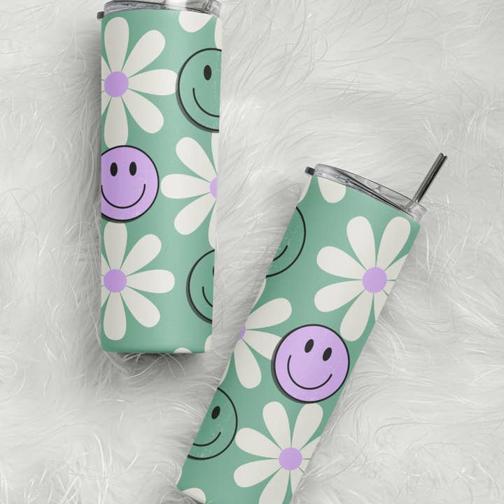 Green Retro Daisy Tumbler, 20 oz Skinny Tumbler, Purple for wholesale by Dm Crafting