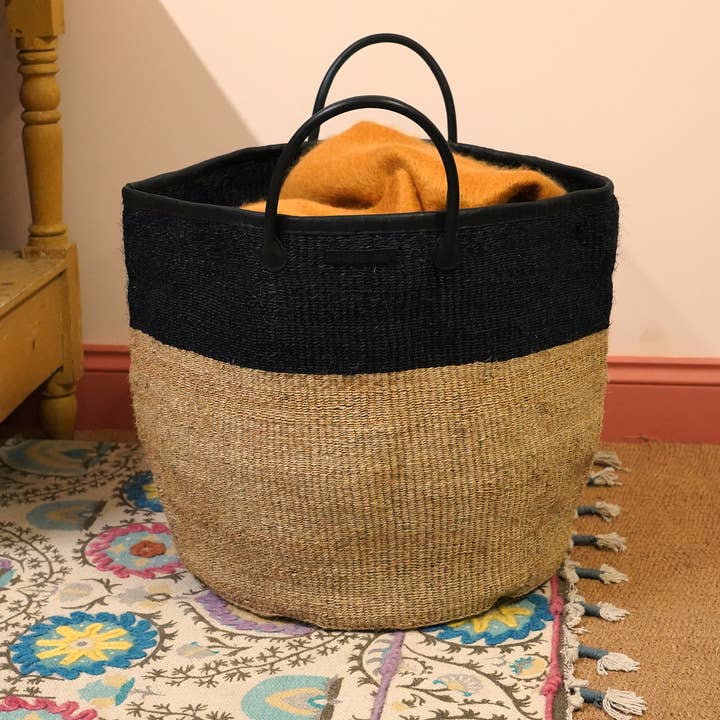 The Basket Room – wholesale Laundry basket – KUNDI: Natural  Black Colour Block Woven Laundry Basket | Log Basket | Storage Basket with Handles | Blanket Basket | Laundry Hamper0