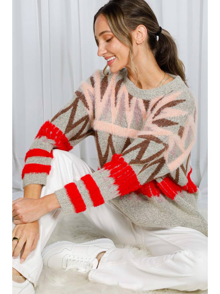 Multi Tribal Patterned Mohair Soft Feel Knitted Sweater VT30367 for wholesale on Faire