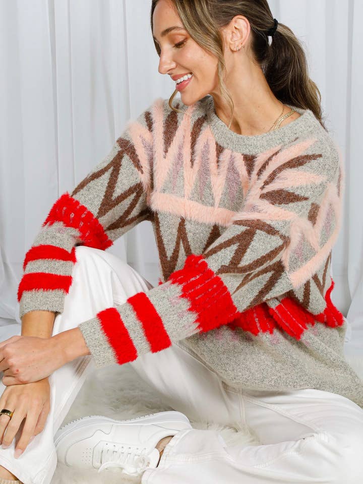 Tribal Pattern With Mohair Soft Feel Knitted Sweater VT30367 for wholesale by Vine & Love