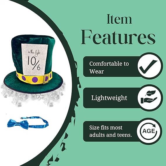 4E's Novelty - Vente Accessoire pour chapeau – homme - Ensemble chapeau, perruque et nœud papillon en velours pour costume Mad Hatter4