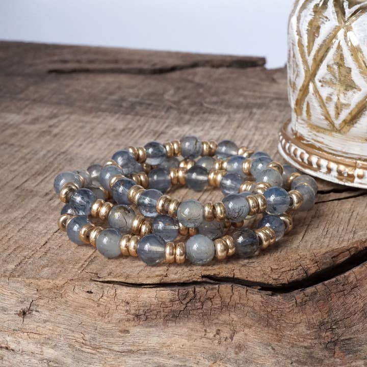 PennyLine inc - Wholesale Beaded Bracelet - Glass Beaded Bracelet Stack with Worn Gold Accents – Green, Cream, or Gray