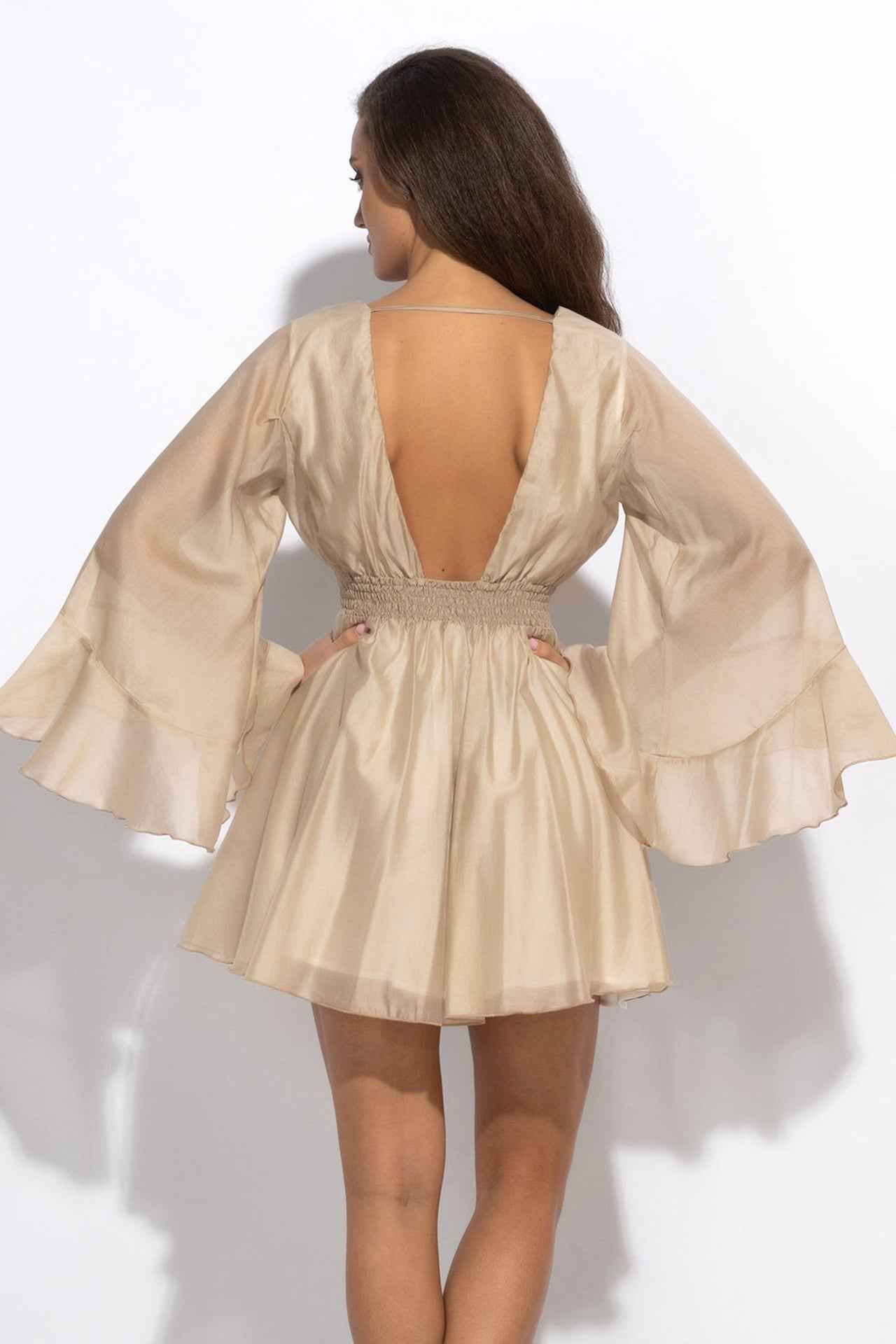 Fashion Roots - Wholesale Dress - Women's - SHORT LYOCELL DRESS WITH WIDE SLEEVES IN BEIGE - ESSENTIALS3