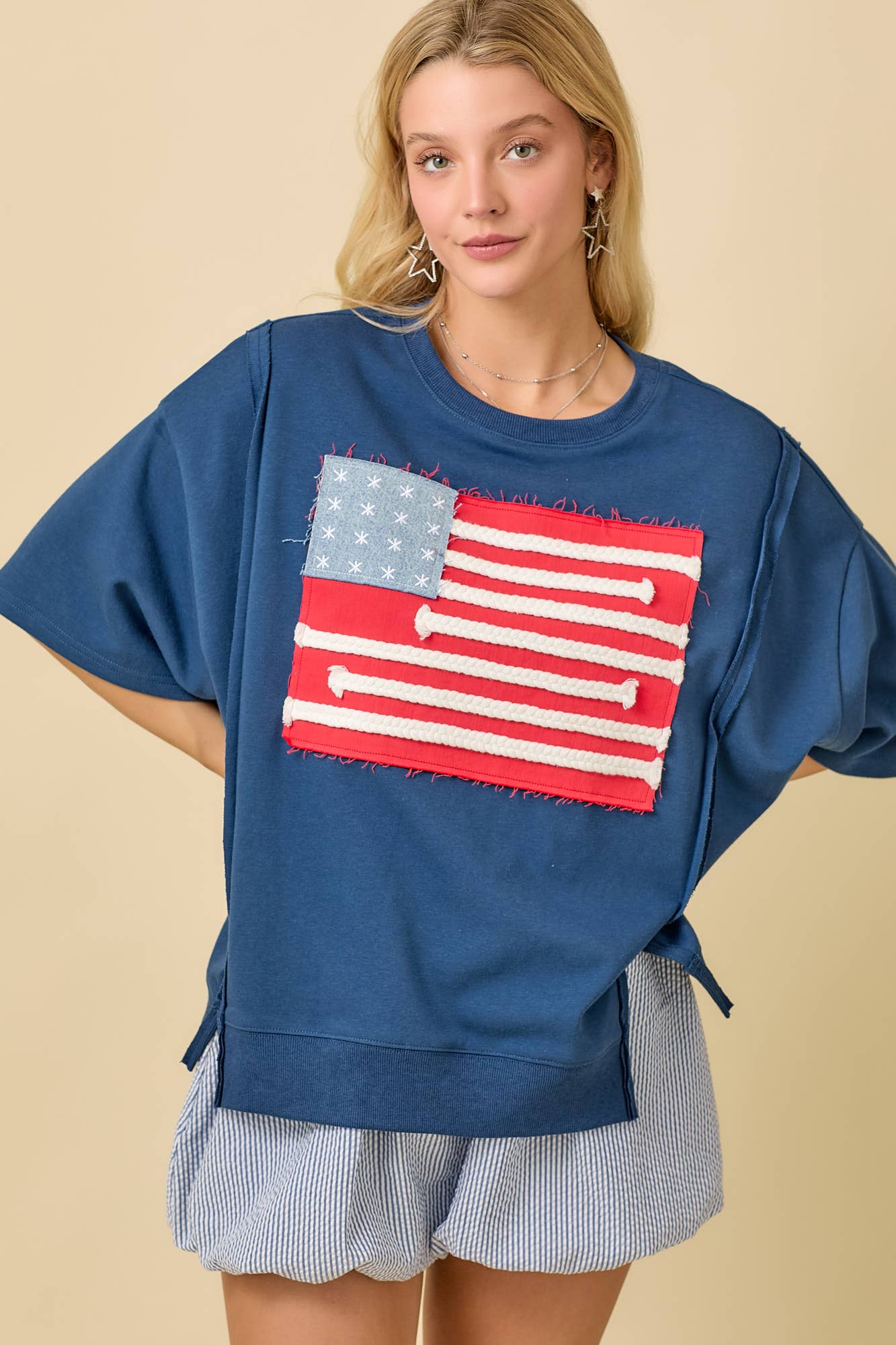 DARK BLUE Boxy Wide Short Sleeve Top With American Flag Patchwork for wholesale on Faire8
