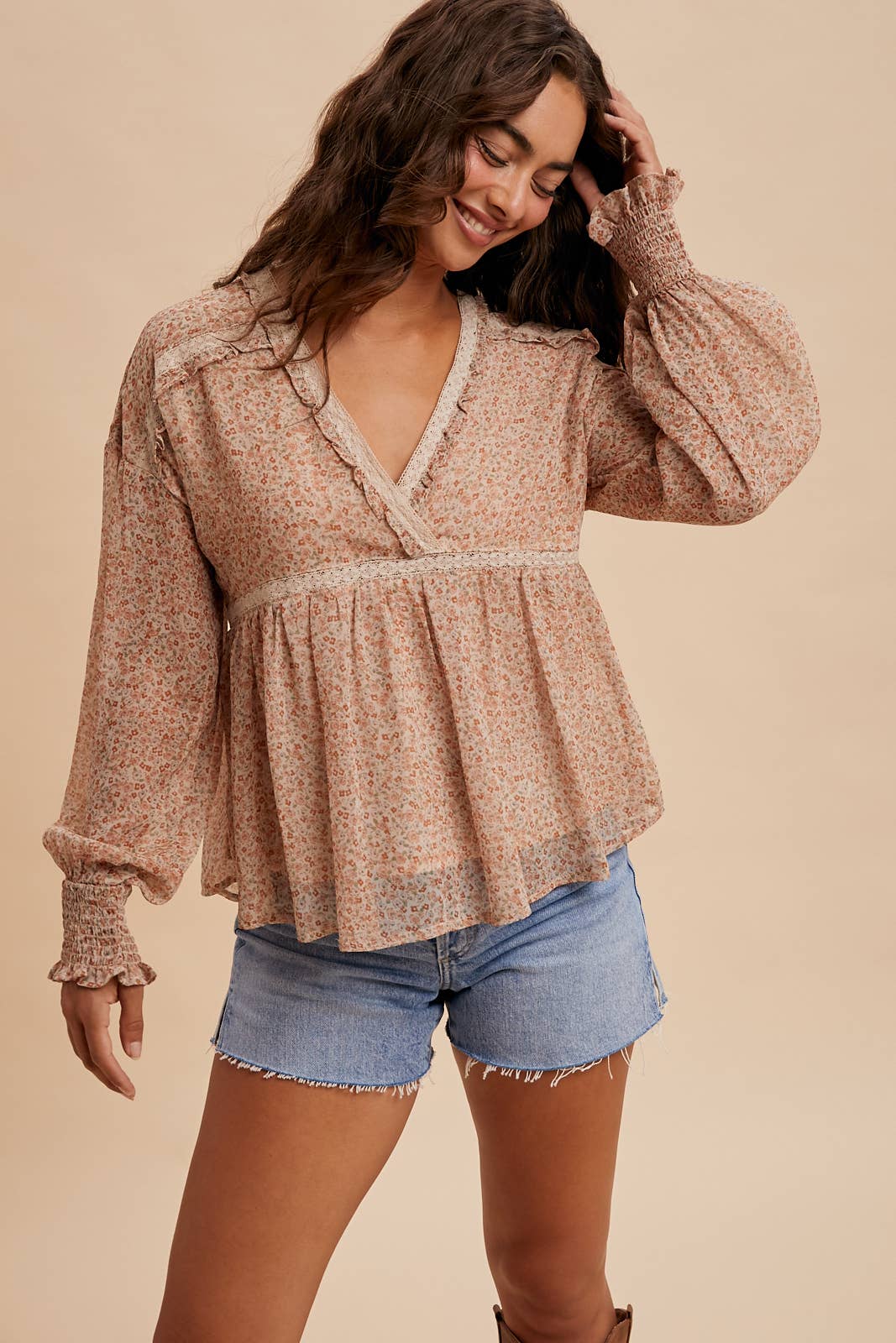 In Loom - Wholesale Blouse - Women's - LACE INSET FLORAL CHIFFON V NECK BLOUSE9