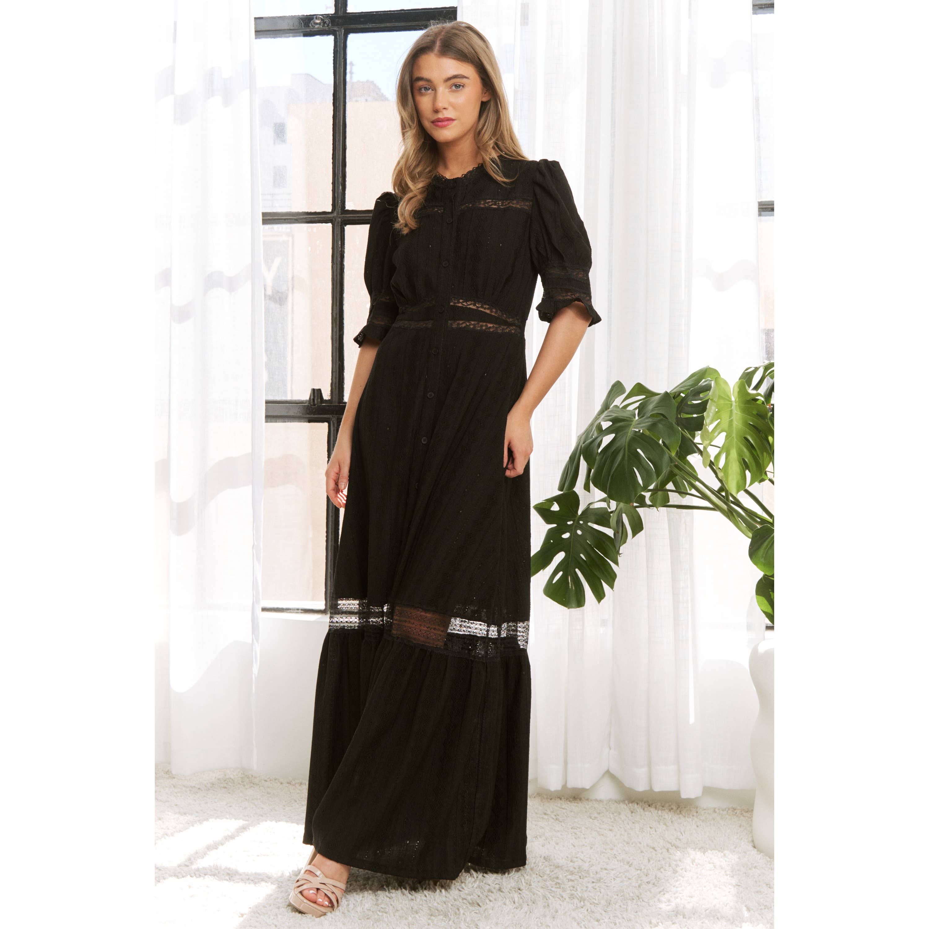 Sweet Generis - Wholesale Dress - Women's - CHIC WOVEN MAXI BUTTON DOWN SHIRT DRESS WITH TRIM LACE DETAI4