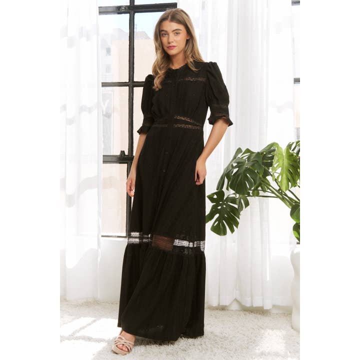 Sweet Generis - Wholesale Dress - Women's - CHIC WOVEN MAXI BUTTON DOWN SHIRT DRESS WITH TRIM LACE DETAI4