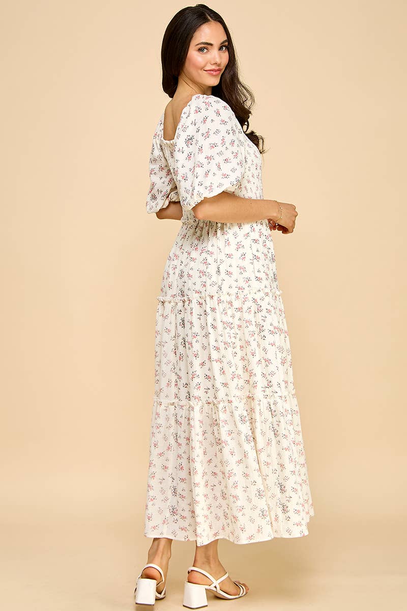 Million Colors - Wholesale Dress - Women's - Hattie Floral Puff Sleeve Square Neck Tiered Midi Dress3