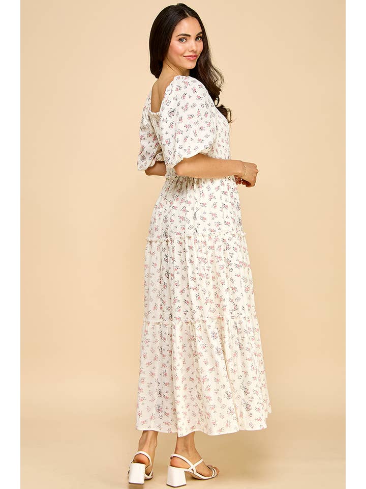 Million Colors - Wholesale Dress - Women's - Hattie Floral Puff Sleeve Square Neck Tiered Midi Dress3