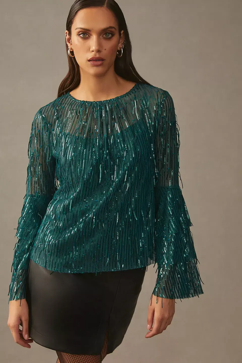 Eva Franco - Wholesale Blouse - Women's - Fall Long Sleeve Sequin Fringe Top – Glitter Pine2