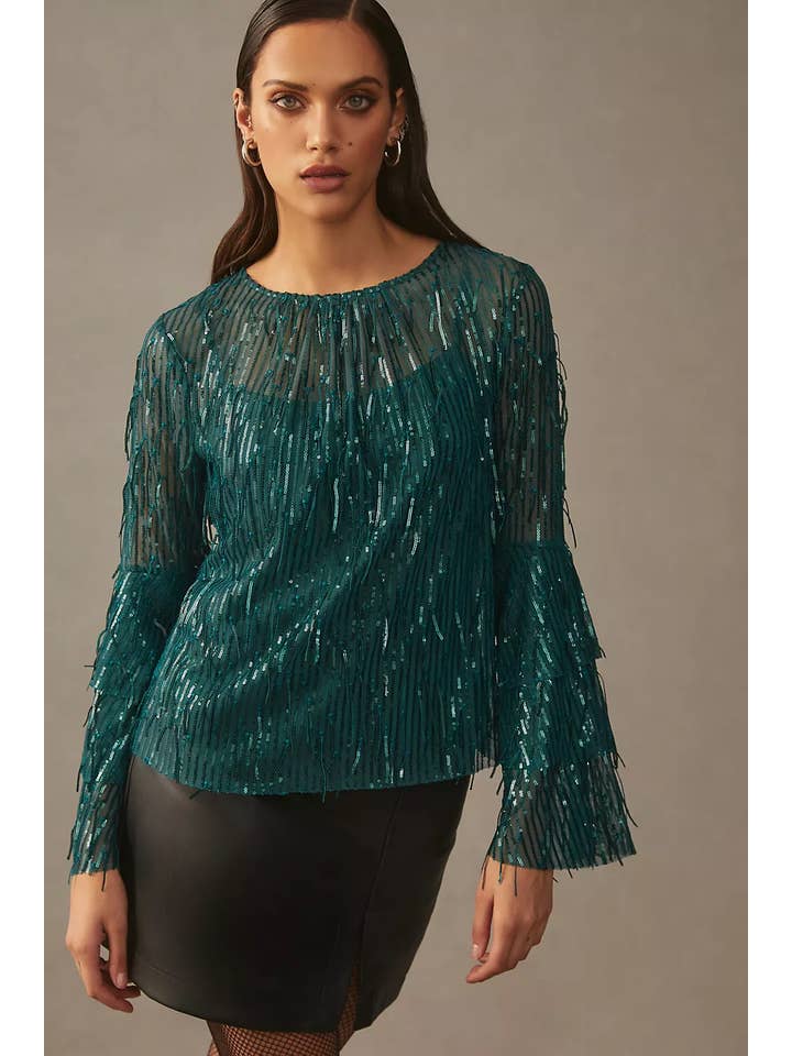 Eva Franco - Wholesale Blouse - Women's - Fall Long Sleeve Sequin Fringe Top – Glitter Pine2
