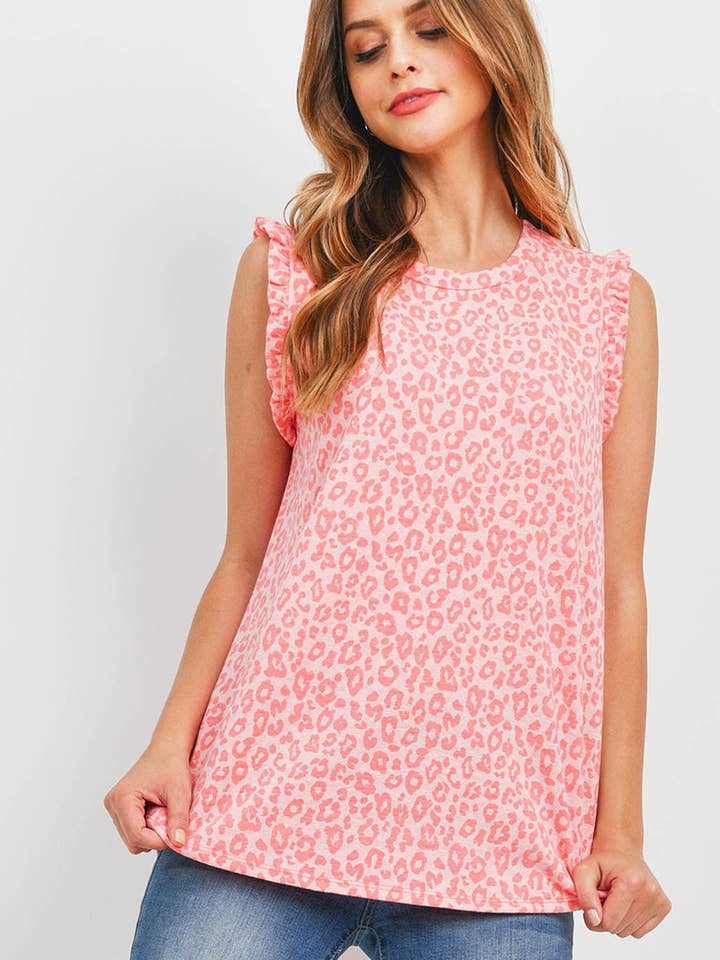 PPT2338-LEOPARD PRINT RUFFLE CAP SLEEVE TOP for wholesale by You & Me